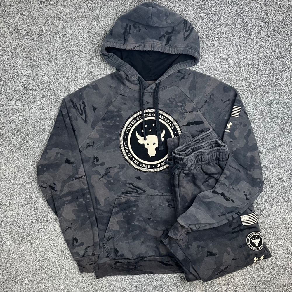 Under Armour Project Rock Freedom Camo Hoodie & Joggers Tracksuit Set Mens